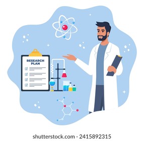 Científico químico, frascos, viales, tubos de ensayo. Plan de investigación de laboratorio químico en el portapapeles. Señal de Atom. Fórmulas de compuestos químicos orgánicos. Ilustración vectorial del concepto de química