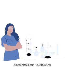 A chemist scientist in the laboratory vector stock illustration. A female biologist conducts research on professional equipment. Medical examination of medicines. Isolated on a white background.
