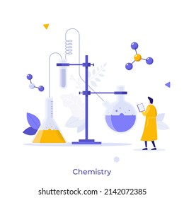 Chemist, scientist or researcher looking at retort stand, liquids boiling in flasks. Concept of chemistry, laboratory experiment, chemical reaction. Modern flat vector illustration for banner, poster.