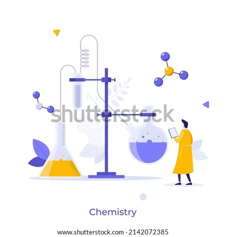 Chemist, scientist or researcher looking at retort stand, liquids boiling in flasks. Concept of chemistry, laboratory experiment, chemical reaction. Modern flat vector illustration for banner, poster.