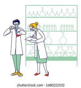 Chemist Scientists Characters in White Coats Conduct Experiment in Science Laboratory. Man Pouring Liquid to Glass Flask, Woman Write. Researchers in Chemical Lab. Linear People Vector Illustration