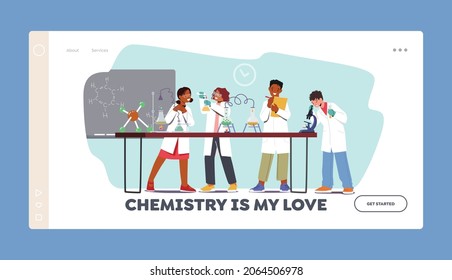 Chemist Students Landing Page Template. Kids Experiment in Laboratory, Children Characters Study Chemistry in Classroom with Test Tubes, Beakers and Science Tools. Cartoon People Vector Illustration