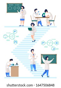 Chemist students practicing in laboratory. Scientists conducting researches in lab of university or college. Colleagues working on lessons. Teacher explaining molecular structure on chalkboard vector