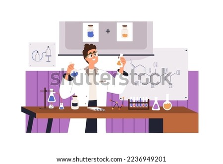 Chemist teacher during chemical lab experiment in chemistry class at school. Professor scientist with flasks at lesson in classroom, laboratory. Flat vector illustration isolated on white background