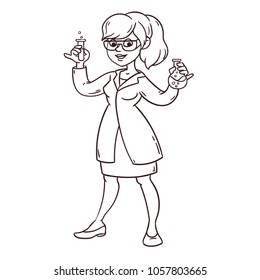Chemist with test tubes in hands. Sketch style.
