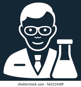 Chemist vector icon. Flat white symbol. Pictogram is isolated on a dark blue background. Designed for web and software interfaces.