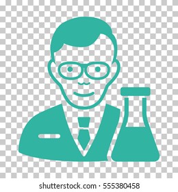 Chemist vector icon. Illustration style is flat iconic cyan symbol on a chess transparent background.