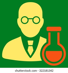Chemist vector icon. Style is bicolor flat symbol, orange and yellow colors, rounded angles, green background.