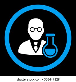 Chemist vector icon. Style is bicolor flat rounded symbol, blue and white colors, rounded angles, black background.