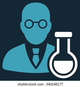 Chemist vector icon. Style is bicolor flat symbol, blue and white colors, rounded angles, dark blue background.