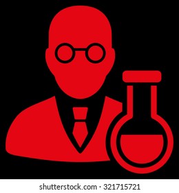 Chemist vector icon. Style is flat symbol, red color, rounded angles, black background.
