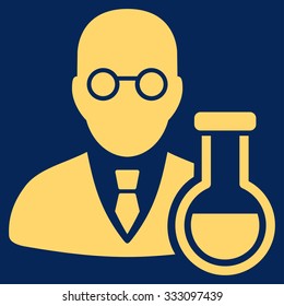 Chemist vector icon. Style is flat symbol, yellow color, rounded angles, blue background.