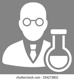 Chemist vector icon. Style is flat symbol, white color, rounded angles, gray background.