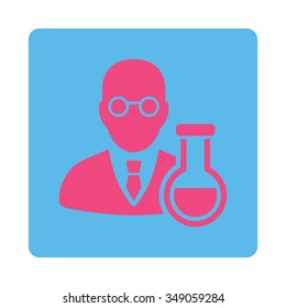 Chemist vector icon. Style is flat rounded square button, pink and blue colors, white background.