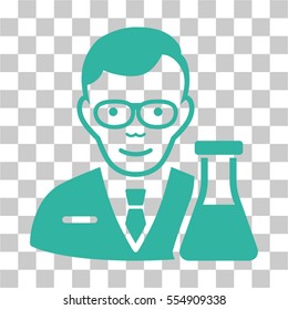 Chemist vector pictogram. Illustration style is flat iconic cyan symbol on a chess transparent background.