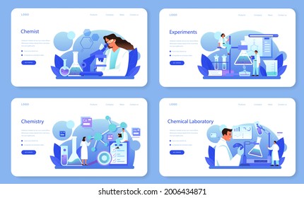 Chemist Web Banner Or Landing Page Set. Chemistry Scientist Doing An Experiment In The Laboratory. Science Equipment, Chemical Research. Isolated Flat Vector Illustration