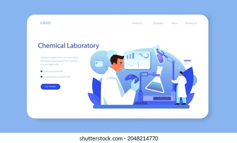 Chemist web banner or landing page. Chemistry scientist doing an experiment in the laboratory. Science equipment, chemical research. Isolated flat vector illustration