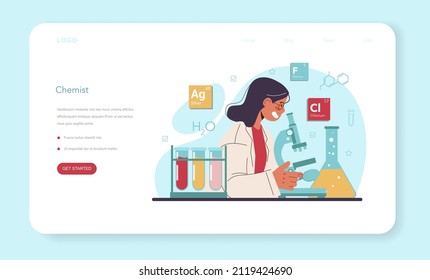 Chemist web banner or landing page. Chemistry scientist doing an experiment in the laboratory. Different chemical substances' atoms research. Flasks and other equipment. Flat vector illustration