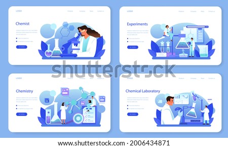 Chemist web banner or landing page set. Chemistry scientist doing an experiment in the laboratory. Science equipment, chemical research. Isolated flat vector illustration