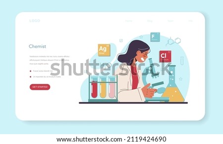 Chemist web banner or landing page. Chemistry scientist doing an experiment in the laboratory. Different chemical substances' atoms research. Flasks and other equipment. Flat vector illustration