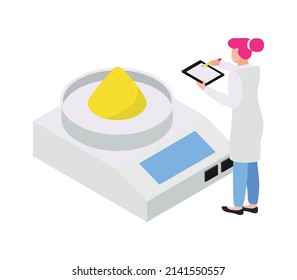 Chemist weighing yellow reagent on laboratory scales isometric icon vector illustration