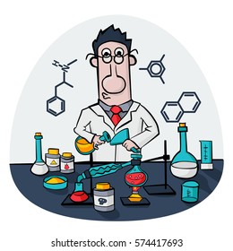 Chemist work in a laboratory. Professor conducts synthesis with distillation. Illustration Vector