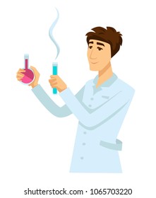 Chemist in work robe with two flasks full of reagents