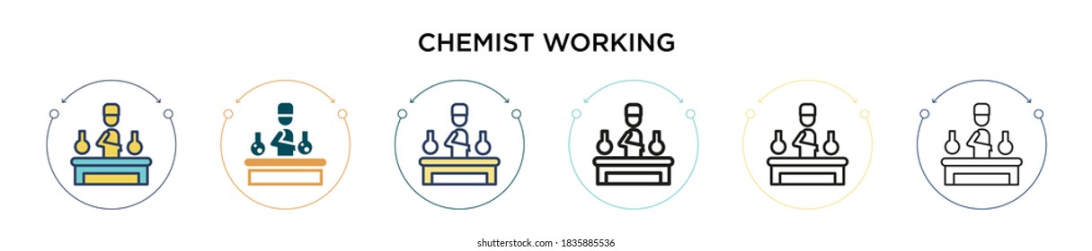 Chemist working icon in filled, thin line, outline and stroke style. Vector illustration of two colored and black chemist working vector icons designs can be used for mobile, ui, web