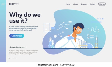 Chemist working in lab. Scientist using test tubes flat vector illustration. Chemical experiment, laboratory concept for banner, website design or landing web page