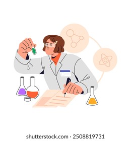 Chemist escribe un informe del experimento químico. Un científico hace análisis en un laboratorio de química. Investigador de Ciencia sostiene tubo con líquido, toma notas. Ilustración vectorial aislada plana en blanco