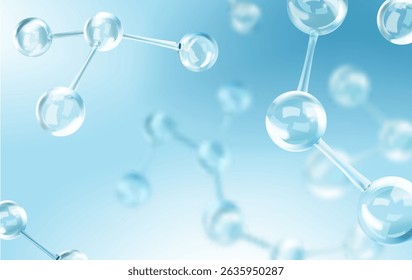 Química 3d moléculas de vidro ou átomos no fundo azul claro. Conceito abstrato de biotecnologia, farmacêutica, beleza,. Ilustração 3d do vetor médico ou da ciência