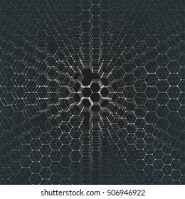 Chemistry 3D pattern, hexagonal molecule structure on black, scientific medical research. Medicine, science and technology concept. Motion design. Geometric abstract background.