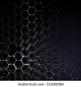 Chemistry 3D pattern, hexagonal molecule structure on black, scientific medical research. Medicine, science and technology concept. Motion design. Geometric abstract background.