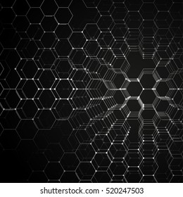 Chemistry 3D pattern, hexagonal molecule structure on black, scientific medical research. Medicine, science and technology concept. Motion design. Geometric abstract background.