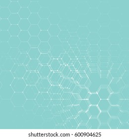 Chemistry 3D pattern, hexagonal molecule structure on blue, scientific medical DNA research. Medicine, science and technology concept. Motion design. Geometric abstract background.