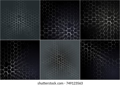 Chemistry 3D patterns, hexagonal molecule structure on black, scientific medical research. Medicine, science and technology concept. Motion design. Geometric abstract background.