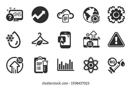 Chemistry atom, 5g upload and Bar diagram icons set. Ab testing, Online quiz and Slow fashion signs. Vector