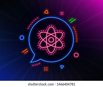Chemistry atom line icon. Neon laser lights. Laboratory molecule sign. Analysis symbol. Glow laser speech bubble. Neon lights chat bubble. Banner badge with chemistry atom icon. Vector