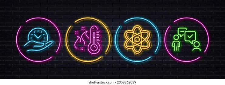 Chemistry atom, Safe time and High thermometer minimal line icons. Neon laser 3d lights. Consulting business icons. For web, application, printing. Vector