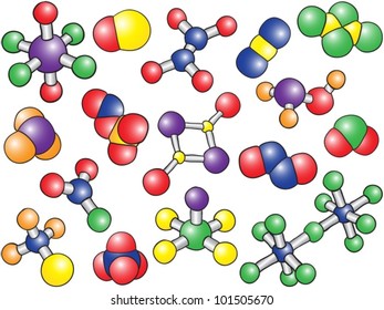 Fondo de química - modelos de moléculas coloreadas, ilustración a mano