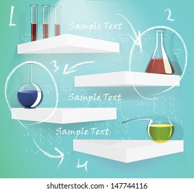 Chemistry background with flasks on the shelf