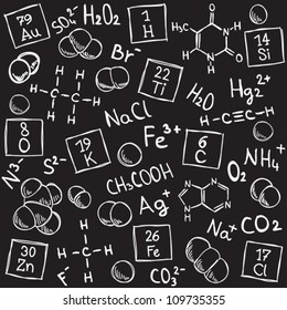 Chemistry background - molecule models and formulas - hand-drawn illustration