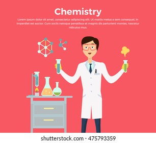 Chemistry banner concept flat style. Scientist chemist in a laboratory flask in hands holds a science experiment isolated on a red background. Technology research and experiment. Vector illustration