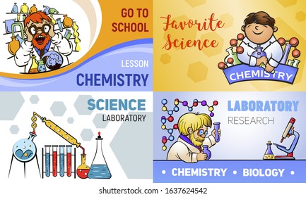 Chemistry Banner Set. Cartoon Illustration Of Chemistry Vector Banner Set For Web Design