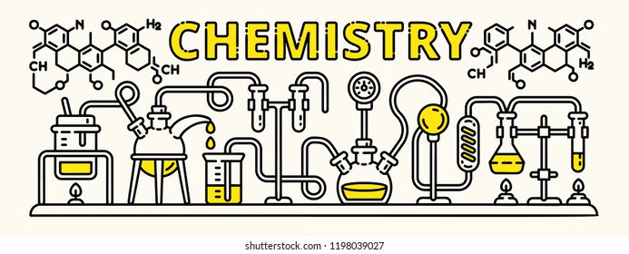 Chemistry Beaker Experiment Banner. Outline Illustration Of Chemistry Beaker Experiment Vector Banner For Web Design