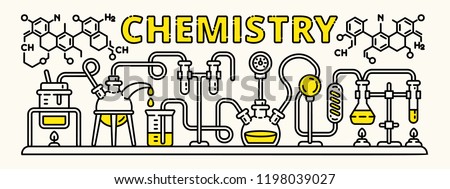 Chemistry beaker experiment banner. Outline illustration of chemistry beaker experiment vector banner for web design