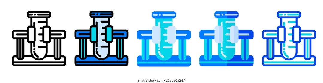 Conjunto de ícones de copo de química, ilustração de tubo de ensaio em linha, preenchido, estilo plano, adequado como um símbolo para produtos químicos, pesquisa, experimento, laboratório, frasco e laboratório.