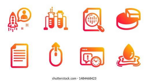 Chemistry beaker, Startup and Swipe up line icons set. Pie chart, File and Analytics chart signs. Project deadline, Water splash symbols. Laboratory flask, Developer. Science set. Vector