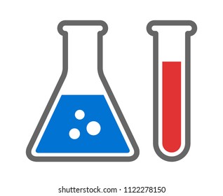 Chemistry beakers with Erlenmeyer flask and test tube holding chemicals flat vector color icon for science apps and websites