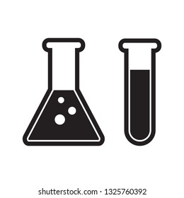 Chemistry beakers with Erlenmeyer flask and test tube holding chemicals flat vector icon for science apps and websites